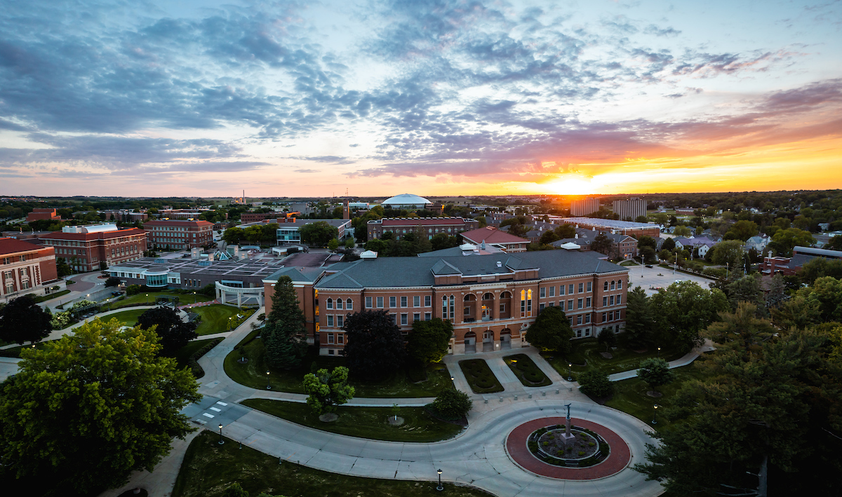 Overhead photo showing campus at sunset. 