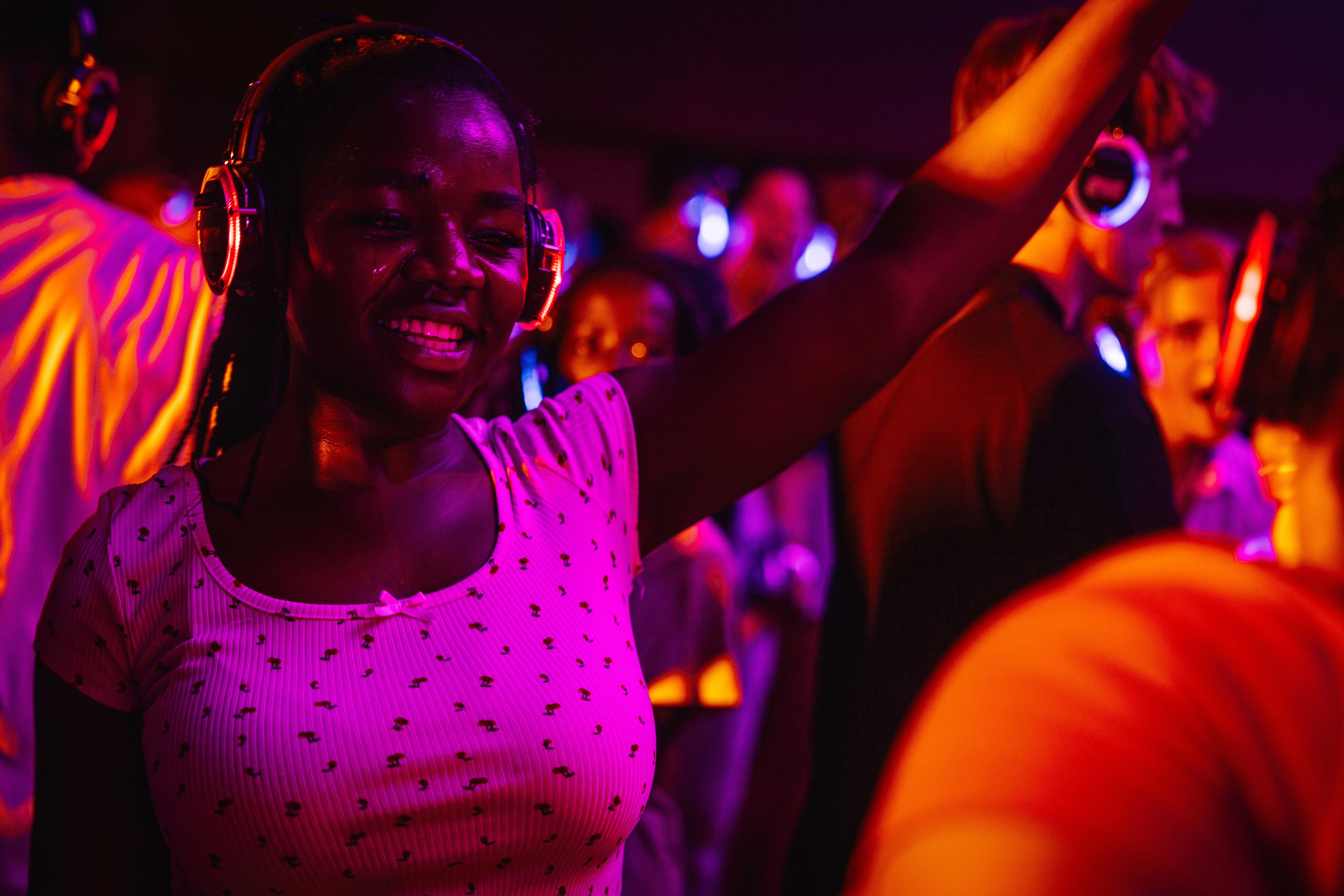 Students dancing at silent disco. 