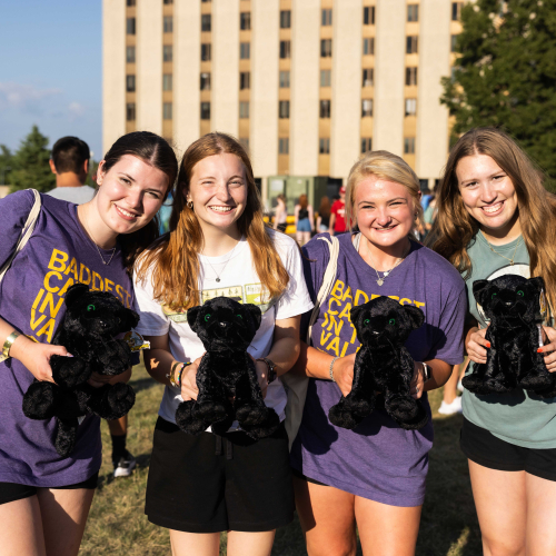 Students posing with stuffed panthers.